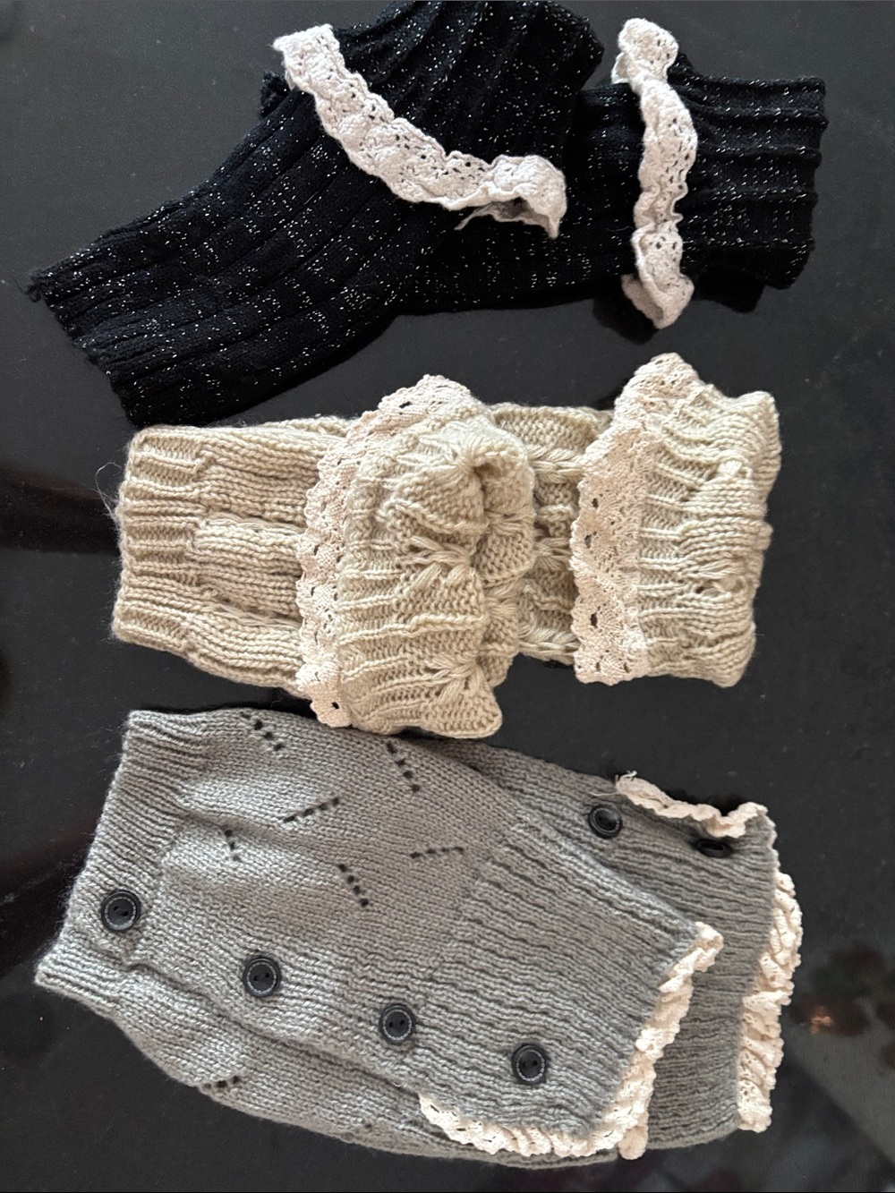 Fancy Knit Lace-Trim Boot Cuffs in Black, Cream, Gray